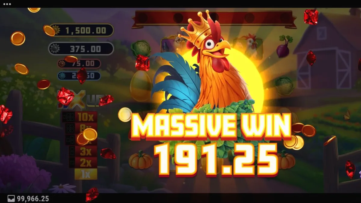 Interface do slot Rey Gallo X UP com elementos rurais e multiplicadores