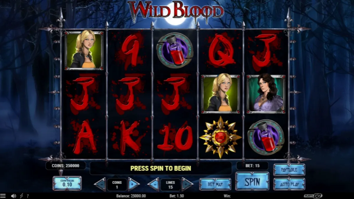 Interface do jogo de slot Wild Blood com tema gótico de vampiros