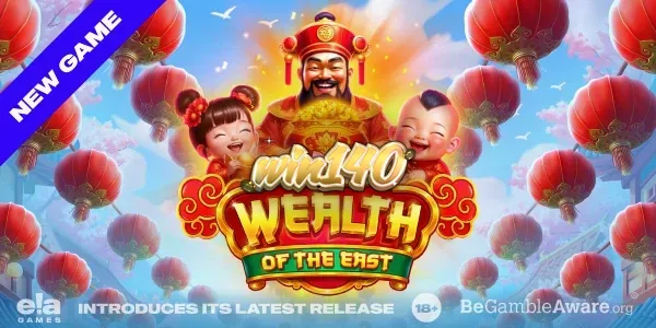 Cena festiva do slot Wealth of the East com lanternas e símbolos orientais